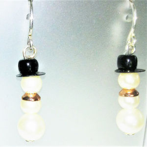 Pearl Snowman Silver Filled Christmas Earrings